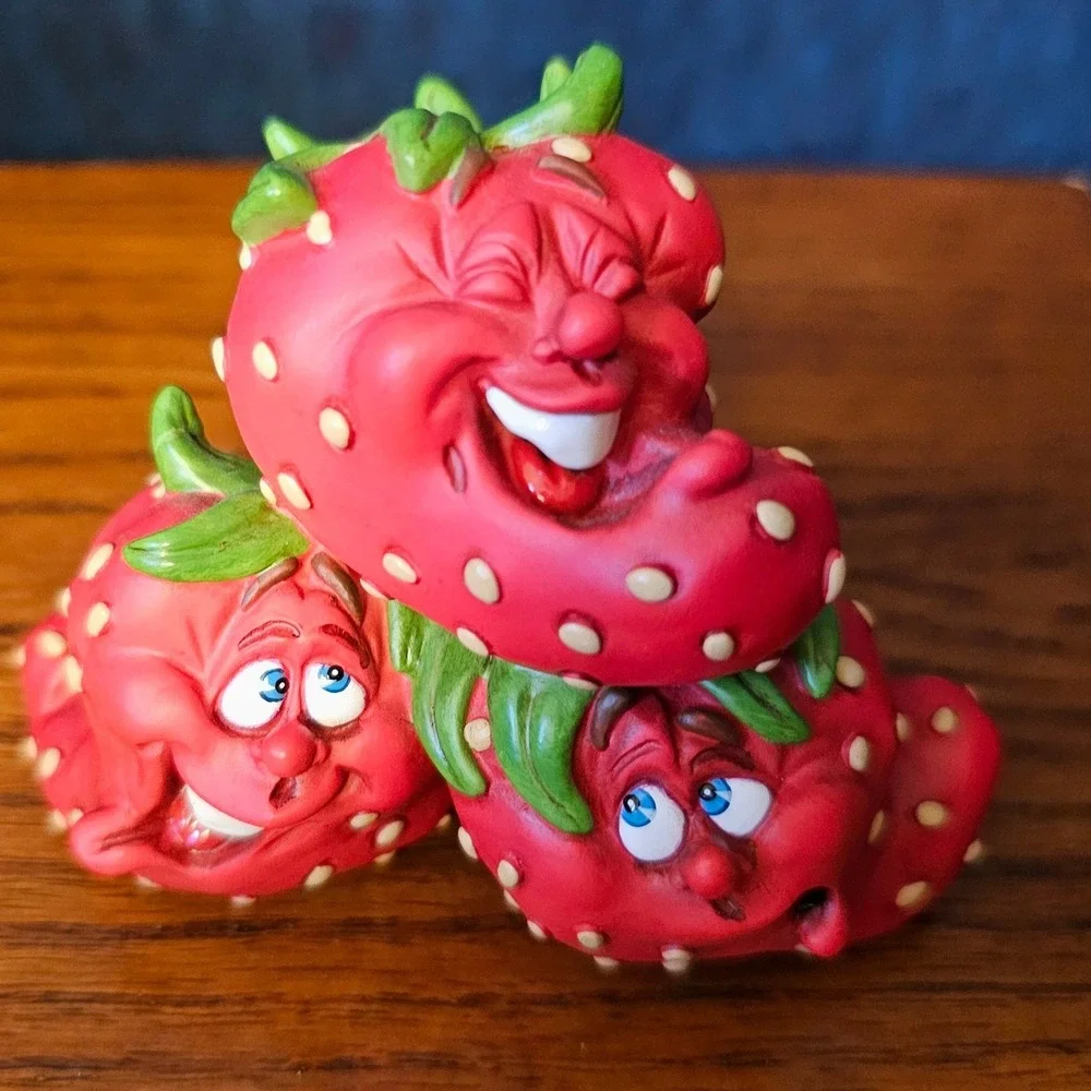 Vintage Anthropomorphic Strawberry Trio Figurine Funny Face Fruit Decor Red